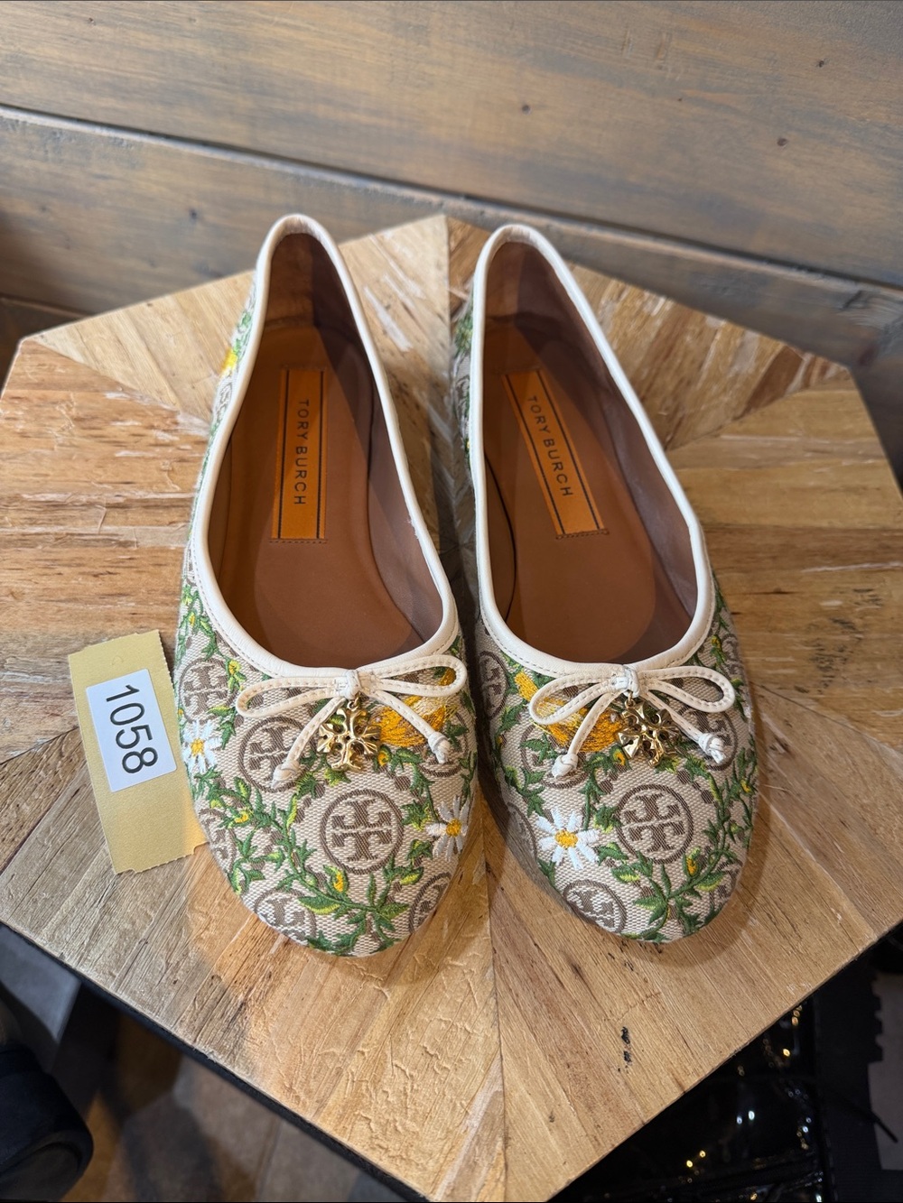 Tory Burch Beige Floral Logo Embroidered Ballet Flats
